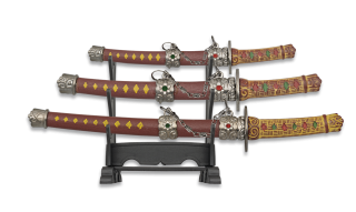Set 3 mini Katanas granate c/peana