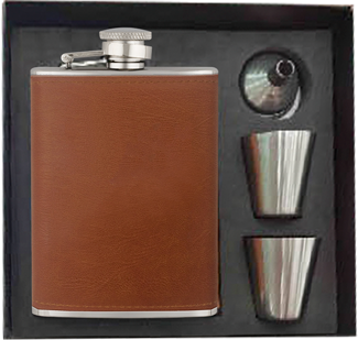 Set Petaca Inox- Piel 8 OZ + vasos